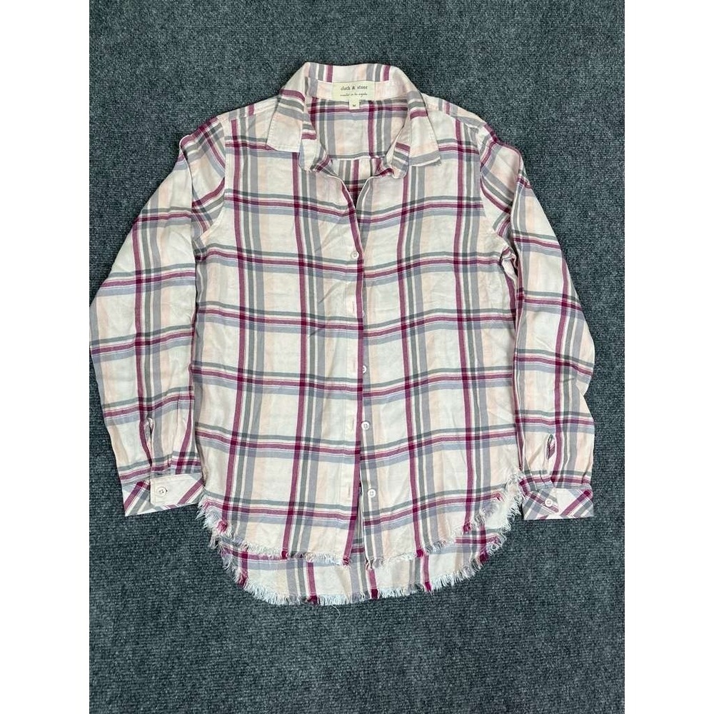 Cloth & Stone Women Shirt Size Medium Raw Fringed Hem Plaid Button Up Shirt